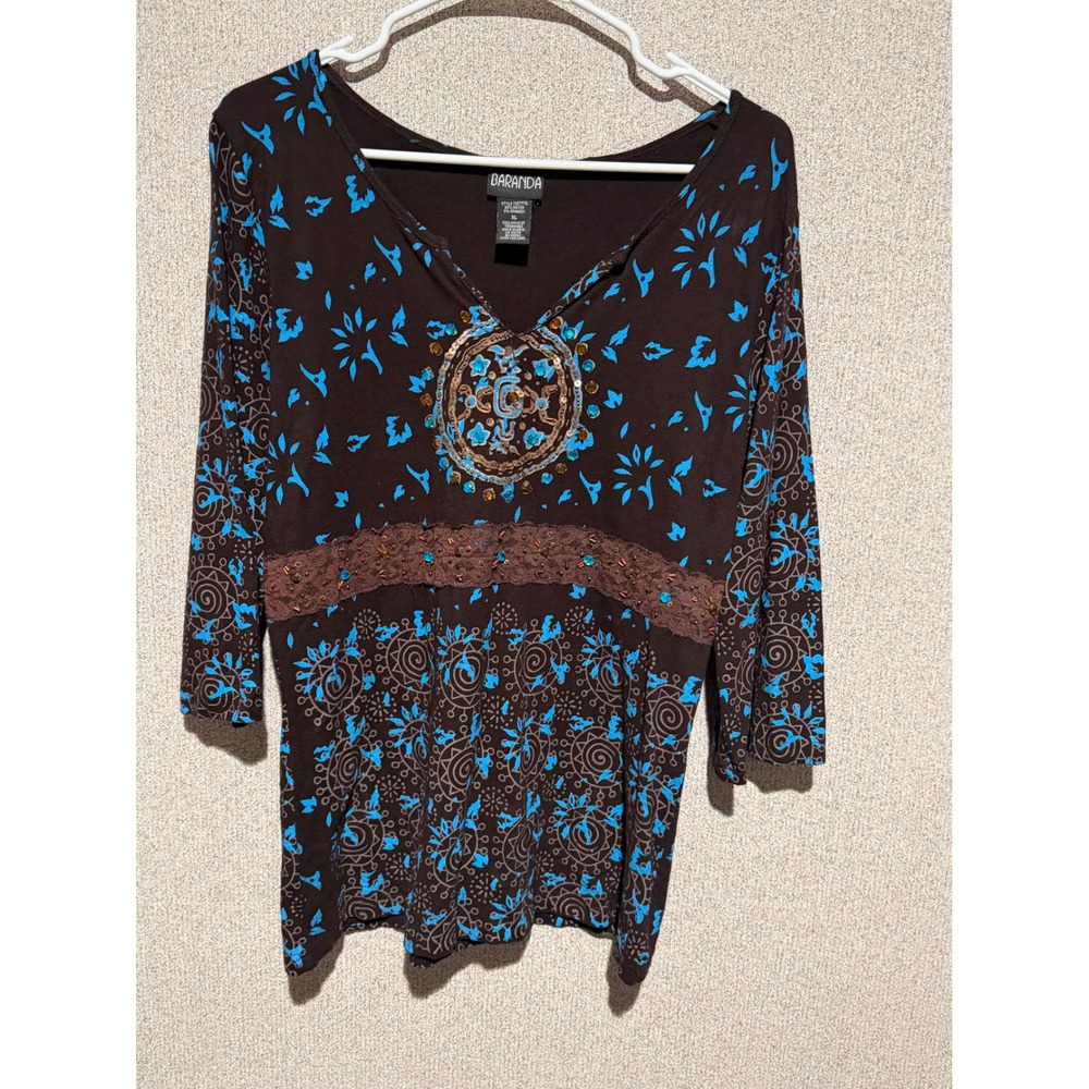 Baranda Brown & Blue Beaded Embellished 3/4 Sleeve‎ Top - Size XL